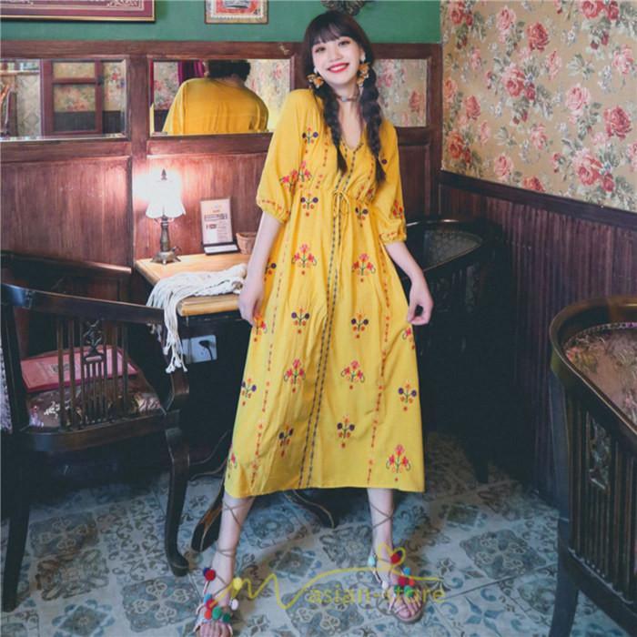 マキシ | ロング丈ワンピース レディース 花柄 Aライン 七分袖 ロング丈 ゆるシンプル きれいめ Vネック カジュアル 細見え 白 リゾート 黄色 上品 華やか 旅行