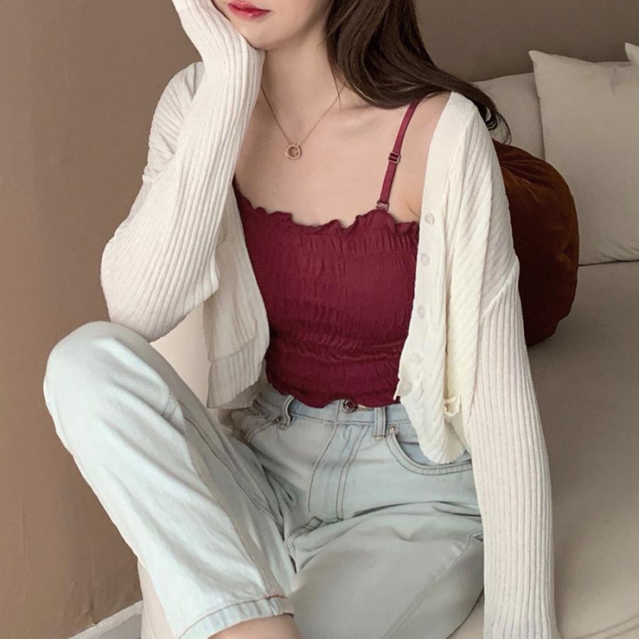 キャミソール | インナー ベアトップ レディース ストラップ付き チューブトップ トップス 韓国ファッション ストレッチ ギャザー飾り フリル