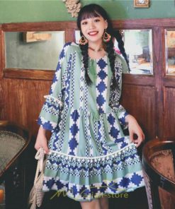 ミニ丈 | ワンピース 夏秋 レディース 長袖 綿麻 ひざ上 ショート かわいい リゾート 休み 旅行 お出かけ 華やか 着痩せ ゆったり 幾何学柄 エスニック風 Vネック 民族風