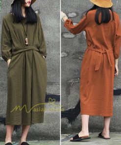 マキシ | 綿麻 リネン ワンピース ロング 長袖 無地 レディース ロング丈 体型カバー ゆったり 秋服 ファッション 着痩せ お出かけ カジュアル 20代30代40代 通勤通学