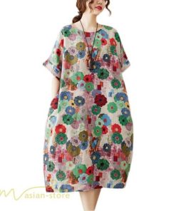 ミディアム | ミディアムワンピース レディース 膝丈 ゆるワンピース 花柄 きれいめ フリーサイズ ゆったり 半袖 麻 綿 リネン 女性着 きれいめ コットン クルーネック 着回し