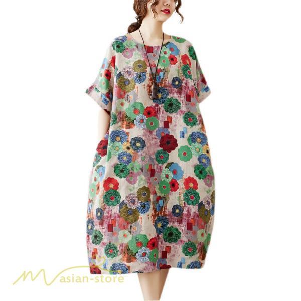 ミディアム | ミディアムワンピース レディース 膝丈 ゆるワンピース 花柄 きれいめ フリーサイズ ゆったり 半袖 麻 綿 リネン 女性着 きれいめ コットン クルーネック 着回し
