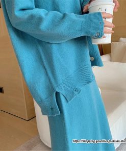 セットアップ | ニットレディース ニットカーディガン ニットスカート ウエストゴム 羽織りニット ダメージ加工 秋冬 長袖 ミモレ丈 無地