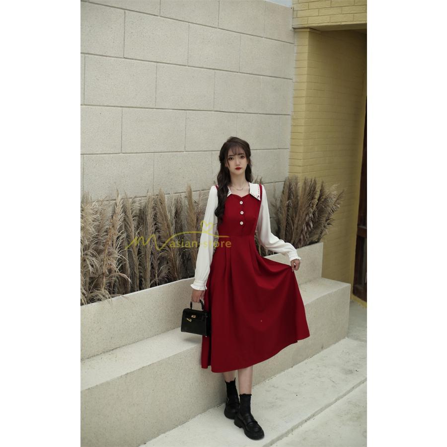 マキシ | ドッキングワンピース 秋 レディース 長袖ワンピ 切替 フェイク レイヤード風 重ね着風 Aラインワンピース 着痩せ ワンピース 可愛い 大人 二次会 30代40代