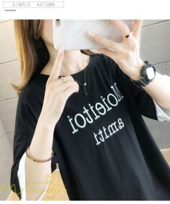 ｔシャツ・カットソー | ワイドTシャツ レディース ロング丈 5分袖 刺繍 韓国風 重ね着風 丸首 Tシャツ トップス 着痩せ 細身 カジュアル 人気 日常 上品 2021 アウトドア 夏新作 薄手