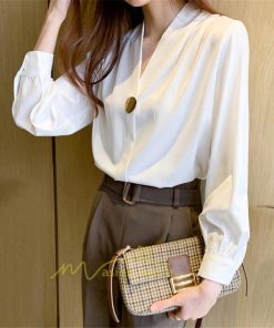 シャツ・ブラウス | ブラウス レディース 長袖ブラウス 春秋 オフィスブラウス 白vネック オシャレブラウス シフォントップス 韓国風 大人 上品 40代 ゆったりシャツ 通勤OL 50代