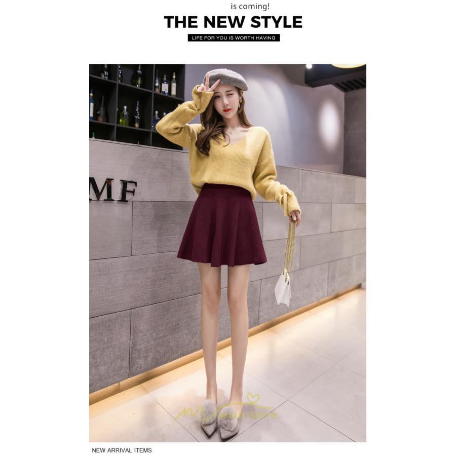 スカート | レディース ボトムス ミニ丈 ひざ上 ウエストゴム 楽ちん ゆったり ニット 秋冬 韓国風 Aライン フレア デート 着痩せ 可愛い お出かけ 脚長効果