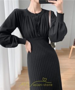 ニットワンピース | レディース 冬 きれいめ ロング おしゃれ 秋冬 長袖 送料無料 着痩せ 無地 通勤 提灯袖 可愛い パフスリーブ 20代30代40代50代