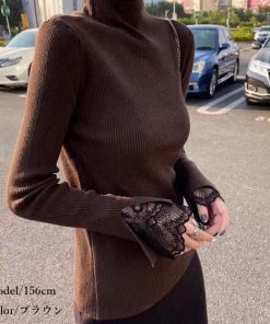 ニット・セーター | フェミニン 秋 スリムフィット 長袖 リブニットトップス レディース 袖レース 冬 細見 ニットセーター ハイネック ニットソー