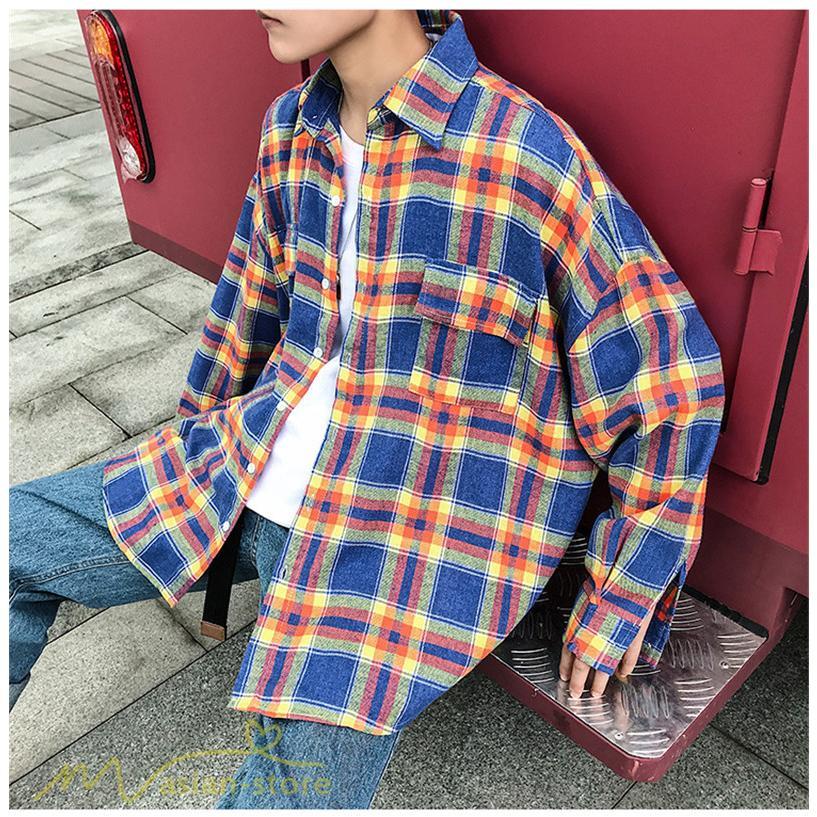 シャツ | ライトアウター 秋服 薄手 メンズ チェック柄 長袖 ポケット 韓国風 カッコウイイ 日常感 ワイドコットン 大きいサイズ トップス 大きいサイズ 男性着