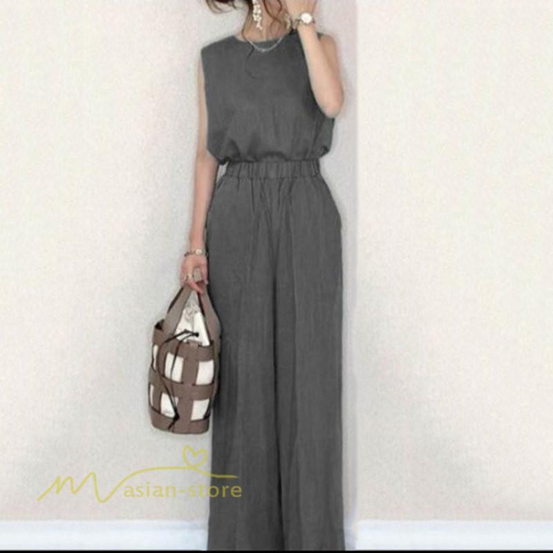 セットアップ | レディース 夏新作 無地 薄手 ワイドパンツ キャミソール ノースリーブ 薄手 上下セット ロングパンツ ガウチョパンツ ルームウェア 可愛い