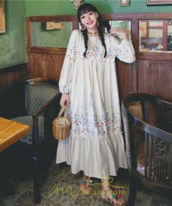 マキシ | ロングワンピース レディース  夏 秋 リゾート ルームワンピース 長袖 ゆったり ロング丈 旅行用 バブルスリーブ かわいい 後ボタン付き レトロ風 丸首