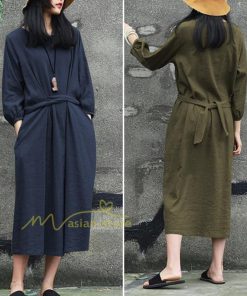 マキシ | 綿麻 リネン ワンピース ロング 長袖 無地 レディース ロング丈 体型カバー ゆったり 秋服 ファッション 着痩せ お出かけ カジュアル 20代30代40代 通勤通学