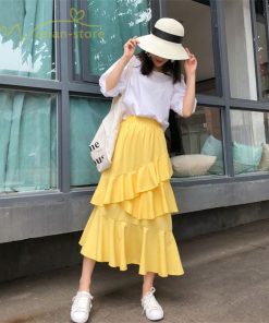 スカート | Aライン フレア裾 不規則アシンメトリー シフォン 韓国風 ティアード フリーサイズ 2020夏コーデ プリーツフレア ウエストゴム ハイウエスト