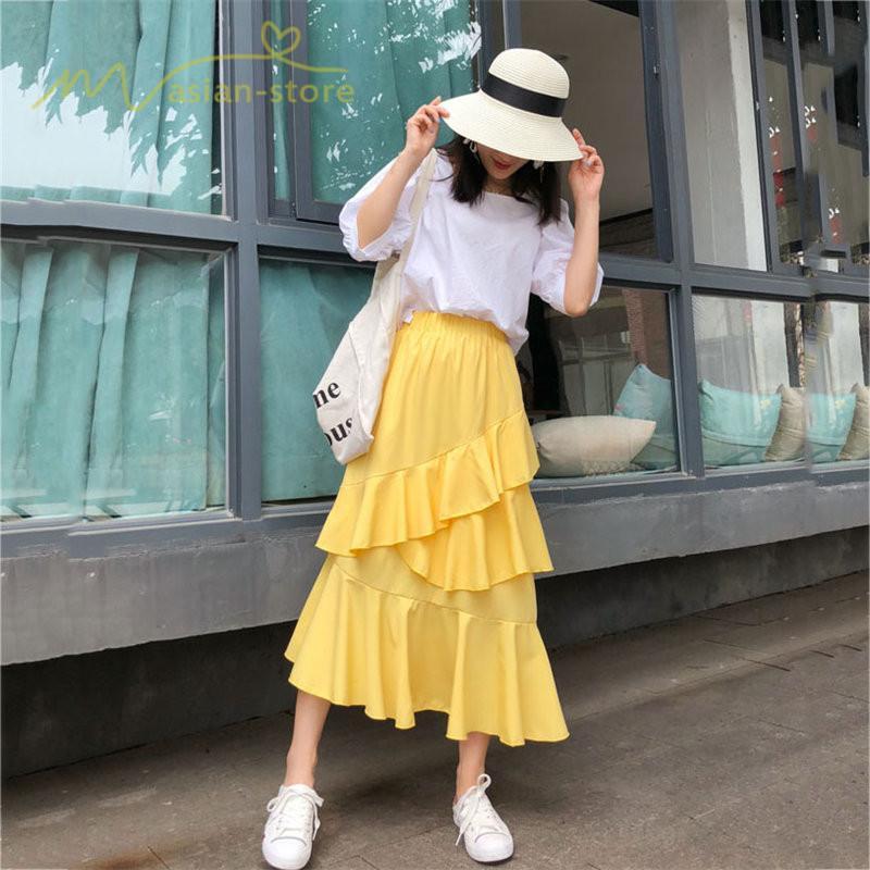 スカート | Aライン フレア裾 不規則アシンメトリー シフォン 韓国風 ティアード フリーサイズ 2020夏コーデ プリーツフレア ウエストゴム ハイウエスト