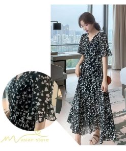 マキシ | ワンピース レディース マキシワンピース 小花柄 Vネック 半袖 5分袖 サマーワンピース シフォン Aラインワンピース 春 エレガント 夏 ウエストゴム ロング丈