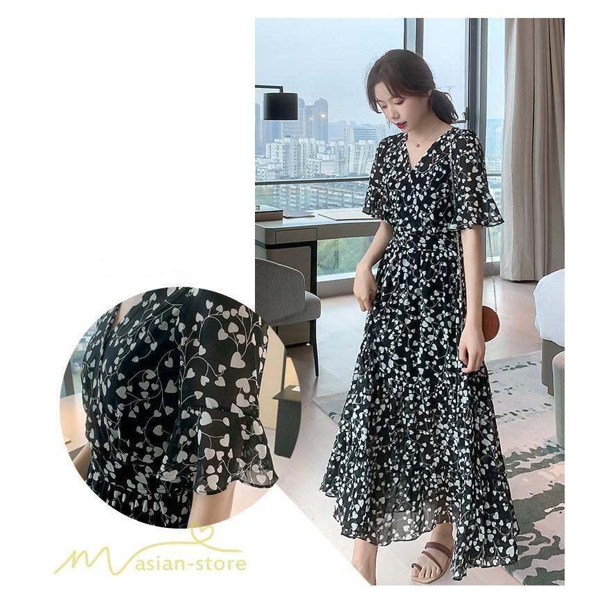 マキシ | ワンピース レディース マキシワンピース 小花柄 Vネック 半袖 5分袖 サマーワンピース シフォン Aラインワンピース 春 エレガント 夏 ウエストゴム ロング丈
