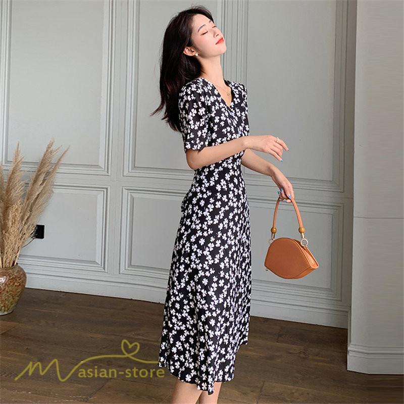 ミディアム | ワンピース レディース 着痩せ 花柄 半袖 大きいサイズ 上品 Aラインワンピース ゆったり Vネック ハイウエスト ミディアム丈 お出かけ 通勤 ひざ丈 通学