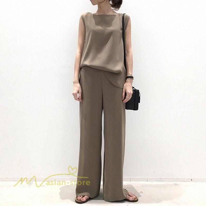 セットアップ | ワイドパンツ タンクトップ レディース 落ち感 大人 ルームウェア 30代40代 お出かけ 2点セット 夏物 可愛い 上下セット カジュアル 秋服