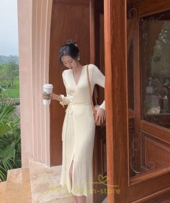 ニットワンピース | ワンピース 春 春服 レディース 長袖 ゆったり 秋 冬 vネック 着痩せ スリット 旅行 女子会 デート 20代30代40代50代 お出かけ