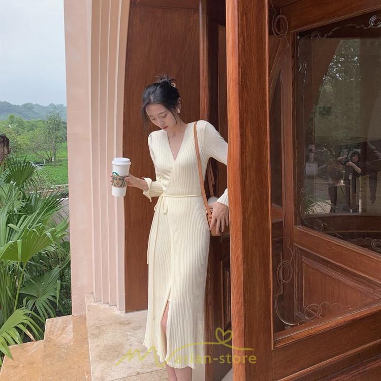 ニットワンピース | ワンピース 春 春服 レディース 長袖 ゆったり 秋 冬 vネック 着痩せ スリット 旅行 女子会 デート 20代30代40代50代 お出かけ