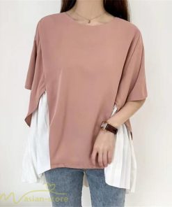 シャツ・ブラウス | ブラウス 夏服 レディース 半袖 五分袖 トップス 切り替え フェイク シフォン 涼感 通気性 無地 可愛い 女っぽい ゆったり 50代60代 大人 揺れる 30代40代