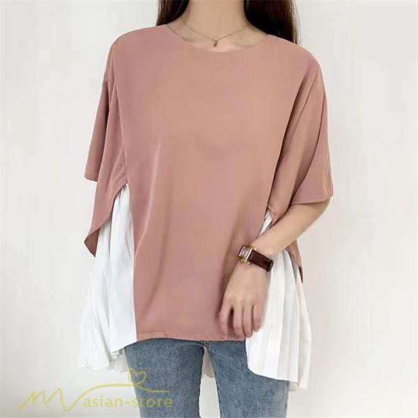 シャツ・ブラウス | ブラウス 夏服 レディース 半袖 五分袖 トップス 切り替え フェイク シフォン 涼感 通気性 無地 可愛い 女っぽい ゆったり 50代60代 大人 揺れる 30代40代