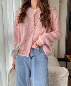 ニット・セーター | アウター Uネック パールボタン付き レディース 無地 ニットカーディガン 長袖 ショートニット ニットトップス