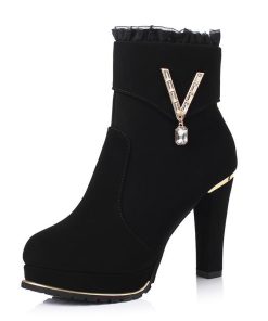 ショートブーツ | スエードブーツ レディース 切替 レース ラウンドトゥ 厚底シューズ チャンキーヒール 太ヒール 厚底 ミドルヒール サイドファスナー 黒