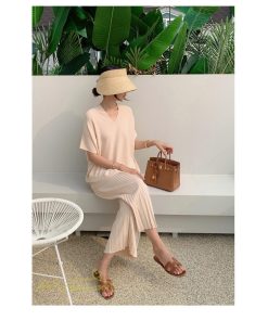 送料無料SALE | セットアップ ニット トップス パンツ ストレッチ 涼感 夏ニット 半袖 九分丈 ウエストゴム レディース 2点セット 30代40代 無地 ゆったり Vネック 上品