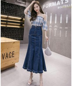 スカート | デニムマーメイド ハイウエスト デイリーコーデ フェミニン ボトムス ロング丈 タイトプリーツフレア フリルスタイリッシュ
