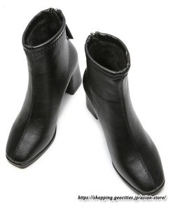 ショートブーツ | レディース 裏起毛あり 裏起毛なし スクエアトゥ ブーツ チャンキーヒール 太ヒール 後ろファスナー ミドルヒール 大人 靴 シューズ 黒ブーツ