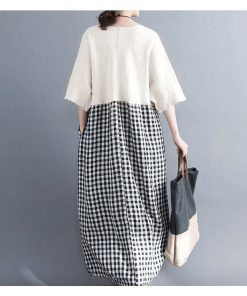 在庫ある | 短納期ロングリネンAラインワンピース ゆったりチェックワンピース 切り替えドッキングワンピ レディース 薄手 春夏衣装 通学通勤 オフィス カジュアル 海