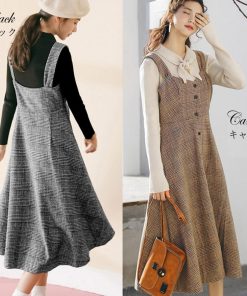 オールインワン | スカート ワンピース ロング 秋冬 チェック ジャンパースカート サロペット オールインワン 大人 グレンチェック