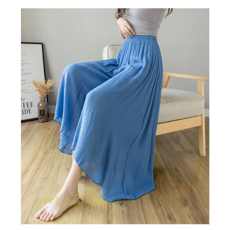 新作 | リネンパンツ 夏 ガウチョパンツ スカーチョ 体型カバー ワイドパンツ レディース ガウチョ ボトムス ゆったり 涼しい キュロット 春夏 ウエストゴム ズボン