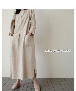 マキシ | ワンピース 長袖 九分丈 綿麻ワンピース ロングワンピース ミモレ丈 無地 ビッグポケット 夏秋物 無地 30代50代 ゆったり 大人 マタニティ ゆるシルエット