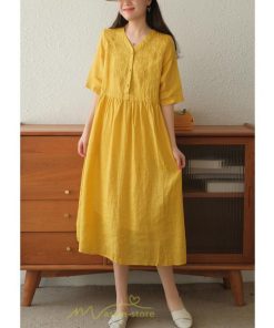 ミディアム | ワンピース レディース 夏新作 半袖 五分袖 ミモレ丈 刺繍 無地 Aラインワンピース ギャザー ゆったり Vネック ウエストリボン付き 調整可 40代 綿麻 30代