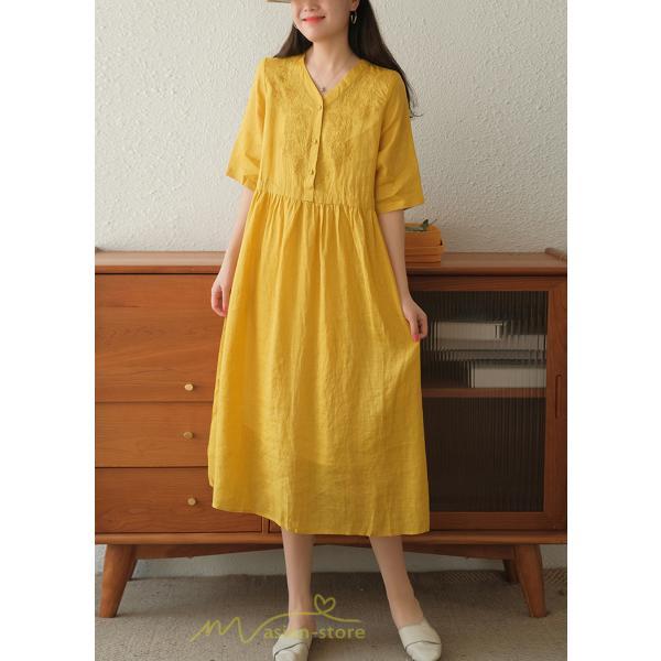 ミディアム | ワンピース レディース 夏新作 半袖 五分袖 ミモレ丈 刺繍 無地 Aラインワンピース ギャザー ゆったり Vネック ウエストリボン付き 調整可 40代 綿麻 30代