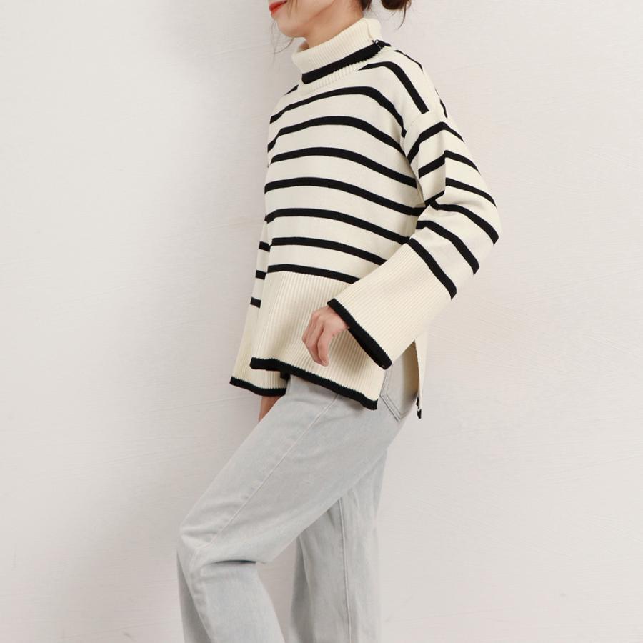ニット・セーター | タートルネックボーダーニットトップス冬服