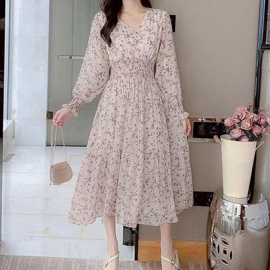 ワンピース | ウエストシャーリング花柄ロングワンピース