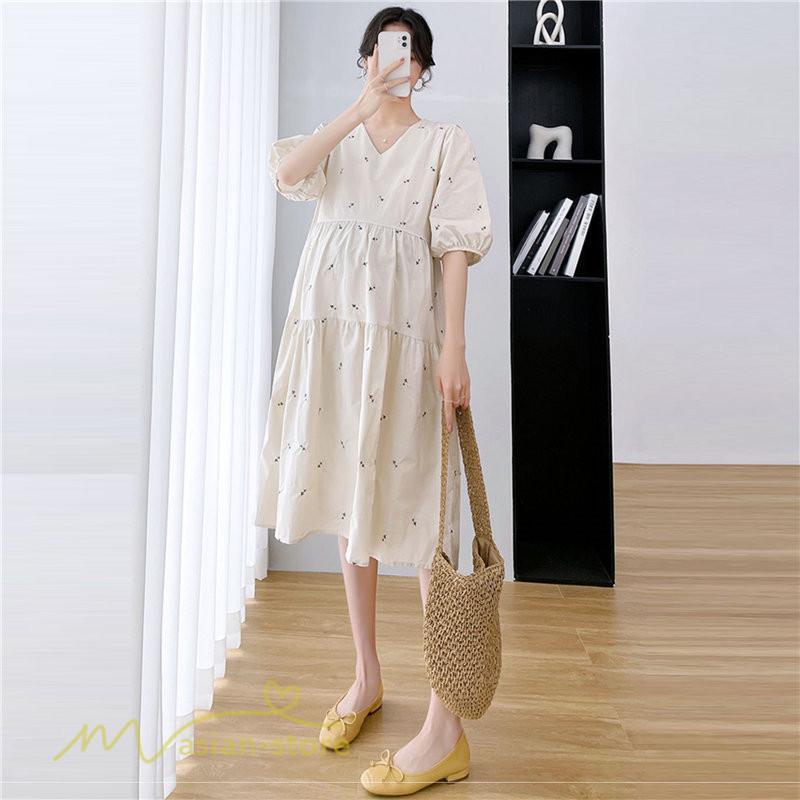 ワンピース | マタニティレディース 着痩せ 半袖 サマーマタニティウェア 上品 Aライン ゆる大きいサイズ お出かけ 韓国風 Vネック 妊婦服