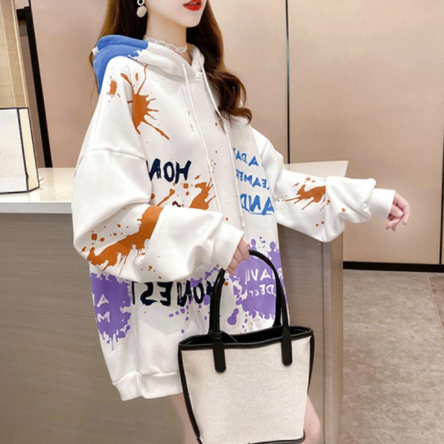 パーカ | レディース 秋冬 ペイント柄 スウェット ポケット付き 韓国風 長袖トレーナー 裏起毛 フード付き おしゃれ パーカー プルオーバー