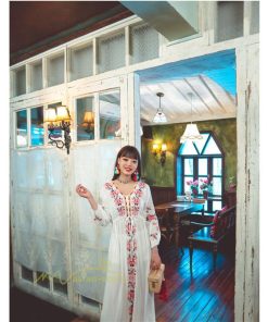 マキシ | ワンピース レディース 40代 春秋 キレイめ マキシ丈ワンピース 綿麻 リネンワンピ Vネック 刺繍 リボン付き アウター カジュアル 着痩せ ルームウェア デート