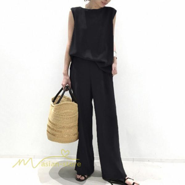 セットアップ | ワイドパンツ タンクトップ レディース 落ち感 大人 ルームウェア 30代40代 お出かけ 2点セット 夏物 可愛い 上下セット カジュアル 秋服