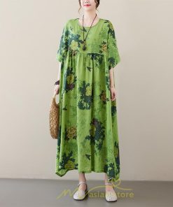 マキシ | ワンピース レディース 大きいサイズ 半袖 ロング丈 マキシ丈 クルーネック コットン 花柄 緑 夏 体型カバー 広がる裾 着痩せ 美シルエット ゆったり ポケット