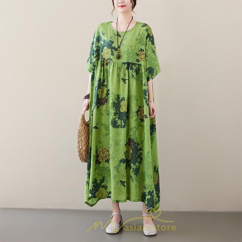 マキシ | ワンピース レディース 大きいサイズ 半袖 ロング丈 マキシ丈 クルーネック コットン 花柄 緑 夏 体型カバー 広がる裾 着痩せ 美シルエット ゆったり ポケット