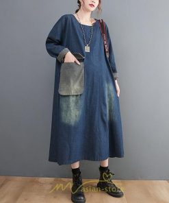 デニムワンピース | ワンピース デニム レディース 40代 ロング チュニック 長袖 ゆったり かわいい 大きいサイズ 藍 大きいポケット 体型カバー