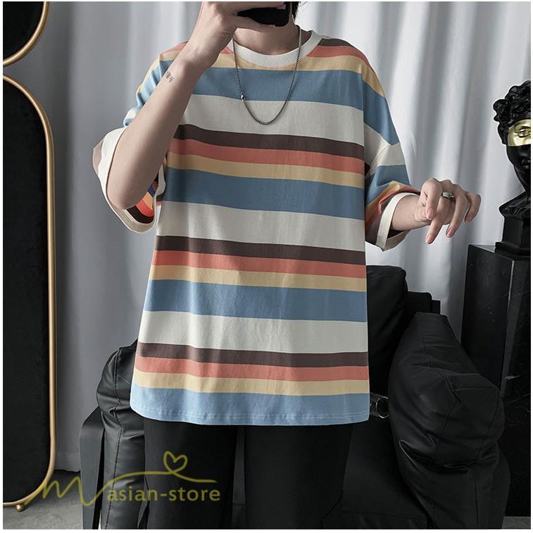 Tシャツ | カットソー メンズ ストライプ カジュアルクルーネック 5分袖 ワイドトップス メンズスタイル カッコウイイ 夏服 上品 日常感