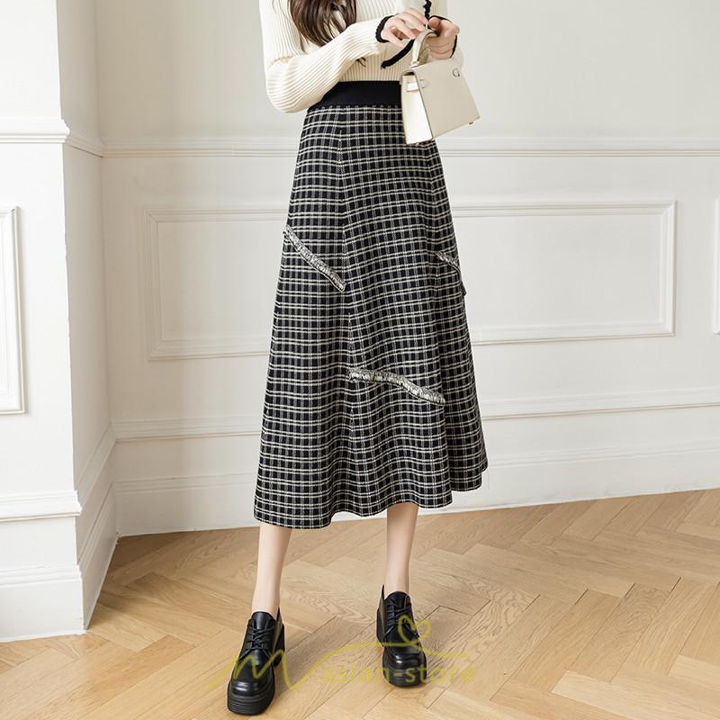 スカート | ロングチェック柄 ニット きれいめ レディース ロング丈 女子会 デート 20代 30代 40代 50代 秋 あったか お出かけ 冬 フレア 高見え 細見え
