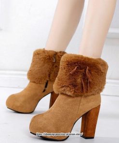 ブーツ | ショートレディース ハイヒール 10cmヒール 厚底 冬用 保温防寒 スエード調 ファー 靴 冬靴 太めヒール シューズ サイドジッパー 痛くない